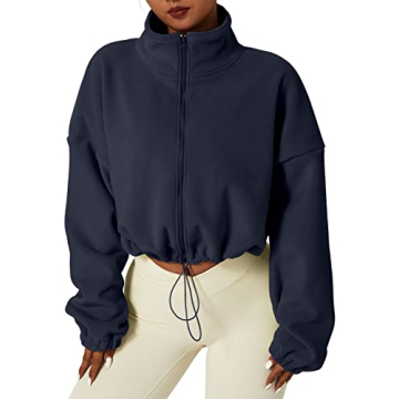 QINSEN Women's Full Zip Fleece Jacket Stand Collar Winter Warm Cropped Outwear Baggy Sherpa Short Co...