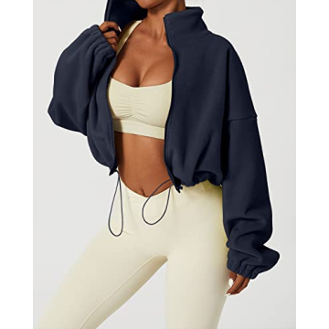 QINSEN Women's Full Zip Fleece Jacket Stand Collar Winter Warm Cropped Outwear Baggy Sherpa Short Coat Navy L