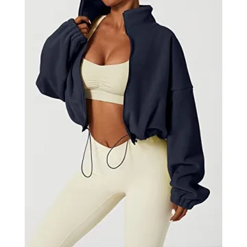 QINSEN Women's Full Zip Fleece Jacket Stand Collar Winter Warm Cropped Outwear Baggy Sherpa Short Coat Navy L