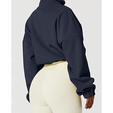 QINSEN Women's Full Zip Fleece Jacket Stand Collar Winter Warm Cropped Outwear Baggy Sherpa Short Coat Navy L