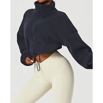 QINSEN Women's Full Zip Fleece Jacket Stand Collar Winter Warm Cropped Outwear Baggy Sherpa Short Coat Navy L