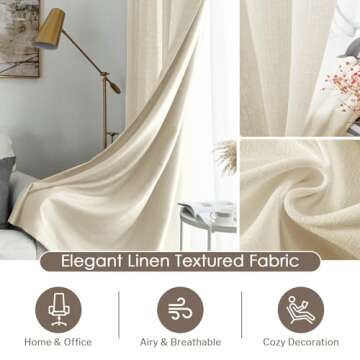 Melodieux Beige Semi Sheer Curtains 96 Inches Long for Living Room, Bedroom Faux Linen Texture Farmhouse Rod Pocket Shiny Sheer Curtains Drapes Light Filtering, 52" W x 96" L, 2 Panels