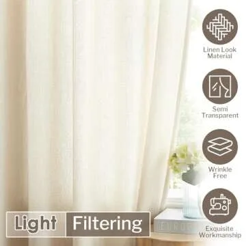 Melodieux Beige Semi Sheer Curtains 96 Inches Long for Living Room, Bedroom Faux Linen Texture Farmhouse Rod Pocket Shiny Sheer Curtains Drapes Light Filtering, 52" W x 96" L, 2 Panels