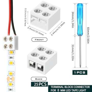25 Pack erless Led Tape Light Connectors Tighten Screw Terminal Blocks 2 Pin 8mm Connector with Screwdriver Wire to Strip Connector for 5v 12v 24v Monochrome LED Low Voltage Strip Decorative, 2P8MM