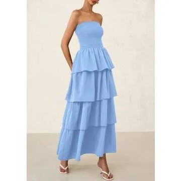 PRETTYGARDEN Women's Maxi Dress 2025 Summer Off Shoulder Smocked Tiered Ruffle Long Flowy Dresses Casual Beach Sundress (Blue,Small)
