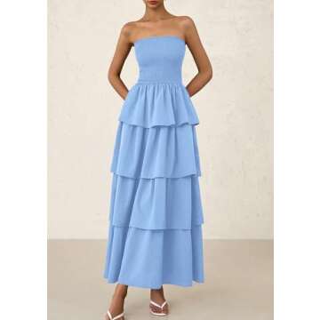 PRETTYGARDEN Women's Maxi Dress 2025 Summer Off Shoulder Smocked Tiered Ruffle Long Flowy Dresses Casual Beach Sundress (Blue,Small)
