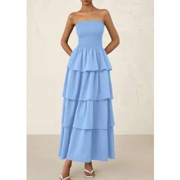 PRETTYGARDEN Women's Maxi Dress 2025 Summer Off Shoulder Smocked Tiered Ruffle Long Flowy Dresses Casual Beach Sundress (Blue,Small)