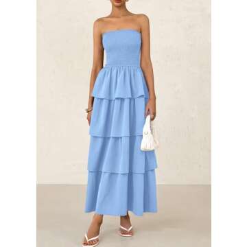 PRETTYGARDEN Women's Maxi Dress 2025 Summer Off Shoulder Smocked Tiered Ruffle Long Flowy Dresses Casual Beach Sundress (Blue,Small)