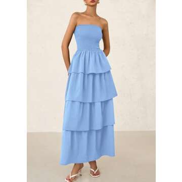 PRETTYGARDEN Women's Maxi Dress 2025 Summer Off Shoulder Smocked Tiered Ruffle Long Flowy Dresses Casual Beach Sundress (Blue,Small)