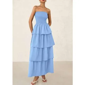 PRETTYGARDEN Women's Maxi Dress 2025 Summer Off Shoulder Smocked Tiered Ruffle Long Flowy Dresses Casual Beach Sundress (Blue,Small)