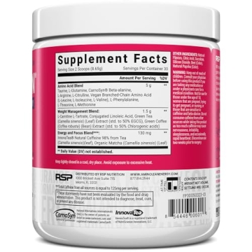 RSP AminoLean Pre Workout Vegan BCAA Natural Caffeine