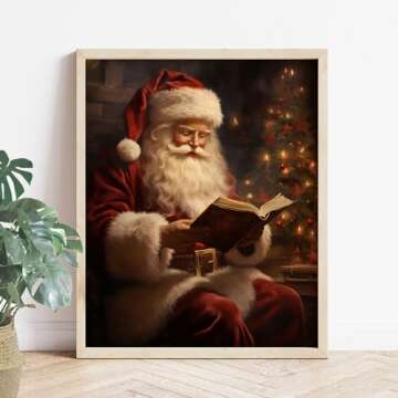 Vintage Christmas Wall Art Print, Santa Reading Book Poster, Rustic Christmas Wall Art, Christmas Painting Print Decor, Christmas Decor, Winter Print (11x14inches-Print-Unframed, Santa Reading Book)