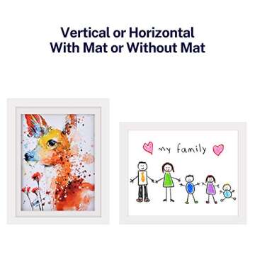 ONE WALL Kids Artwork Picture Frame Display 8.5x11 with Mat or 9.9x12.7 Without Mat, White Wood Frame with Tempered Glass Front Opening for Kids Drawings, Artworks, Art Projects, Schoolwork, 2-Pack