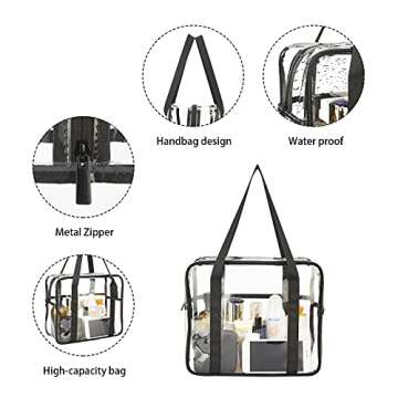HAOGUAGUA Extra Large Clear Cosmetic Makeup Bag, Transparent PVC Tote Shoulder Bag Stadium Approved, Waterproof Clear Toiletry Carry Pouch Makeup Artist Bag Diaper Bag (Black)