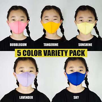 LAPCOS Kids Face Mask Set (5 Pack, Assorted Colors) Washable & Reusable Cute Face Mask for Boys and Girls - Breathable & Lightweight Face Shield for School, Sports, and Outdoors, Flexible Fit