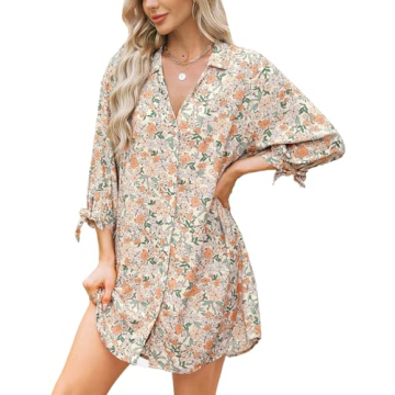 CUPSHE Women Shirt Mini Beach Cover Up Dress 3/4 Sleeve V Neck Button Down Summer Dresses Vacation, ...