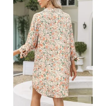CUPSHE Women Shirt Mini Beach Cover Up Dress 3/4 Sleeve V Neck Button Down Summer Dresses Vacation, Orange Floral M
