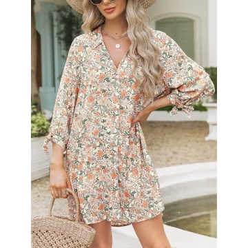 CUPSHE Women Shirt Mini Beach Cover Up Dress 3/4 Sleeve V Neck Button Down Summer Dresses Vacation, Orange Floral M