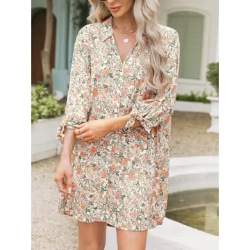 CUPSHE Women Shirt Mini Beach Cover Up Dress 3/4 Sleeve V Neck Button Down Summer Dresses Vacation, Orange Floral M