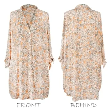 CUPSHE Women Shirt Mini Beach Cover Up Dress 3/4 Sleeve V Neck Button Down Summer Dresses Vacation, Orange Floral M