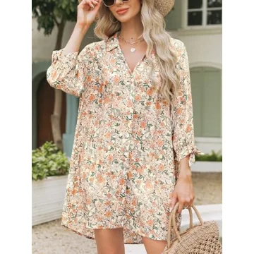 CUPSHE Women Shirt Mini Beach Cover Up Dress 3/4 Sleeve V Neck Button Down Summer Dresses Vacation, Orange Floral M