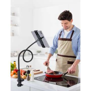 Tryone Gooseneck Tablet Holder Stand for Bed Adjustable Flexible Arm Tablets Mount Clamp on Table Compatible with iPad Air Mini | Galaxy Tabs | Kindle Fire | Switch or Other 4.7-10.5" Devices