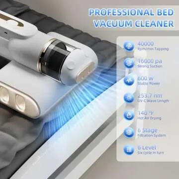 Bed Vacuum Cleaner, Mattress Vacuum Cleaner with UV-C Light 14Kpa HEPA Filter, Handheld Vacuum Cordless Bed Cleaner for Bed Sofa Pillows Cribs Couch Pet Hair, White