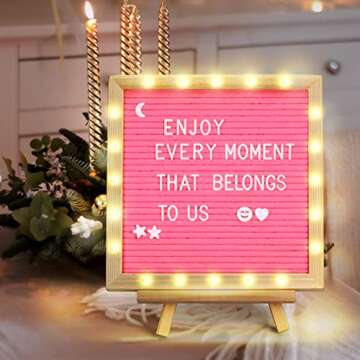 Pink Felt Letter Board with Lights, Built-in LED Lights -Message Board Adjustable Stand, 340 Letters and Christmas,- for Menus, Pregnancy Announcement, Weddings, Party Planning(10 * 10)