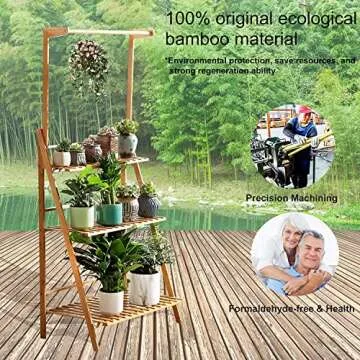 Veakoo Bamboo 3 Tier Hanging Plant Stand Indoor Outdoor, Ladder Plant Shelf Multiple Flower Display ...