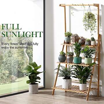 Veakoo Bamboo 3 Tier Hanging Plant Stand Indoor Outdoor, Ladder Plant Shelf Multiple Flower Display Stands Planter Rack Folding Shelves for Corner Balcony Window Patio Living Room