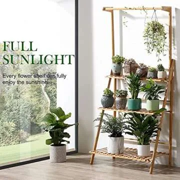 Veakoo Bamboo 3 Tier Hanging Plant Stand Indoor Outdoor, Ladder Plant Shelf Multiple Flower Display Stands Planter Rack Folding Shelves for Corner Balcony Window Patio Living Room