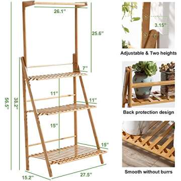 Veakoo Bamboo 3 Tier Hanging Plant Stand Indoor Outdoor, Ladder Plant Shelf Multiple Flower Display Stands Planter Rack Folding Shelves for Corner Balcony Window Patio Living Room