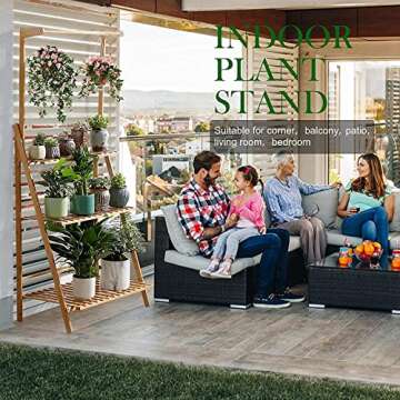 Veakoo Bamboo 3 Tier Hanging Plant Stand Indoor Outdoor, Ladder Plant Shelf Multiple Flower Display Stands Planter Rack Folding Shelves for Corner Balcony Window Patio Living Room