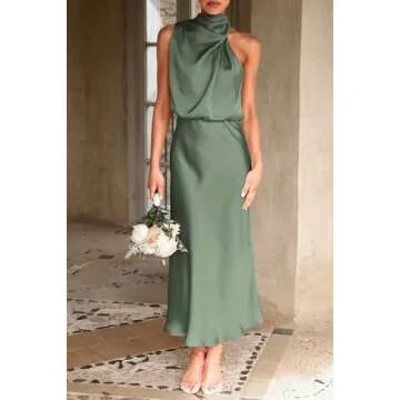 PRETTYGARDEN Women's 2025 Summer Satin Dress Elegant Sleeveless Mock Neck Cocktail Party Maxi Dresses (Army Green,Large)