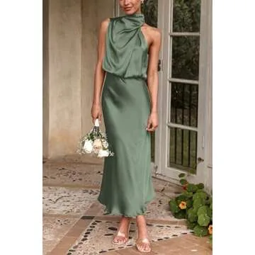 PRETTYGARDEN Women's 2025 Summer Satin Dress Elegant Sleeveless Mock Neck Cocktail Party Maxi Dresses (Army Green,Large)