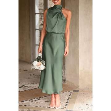 PRETTYGARDEN Women's 2025 Summer Satin Dress Elegant Sleeveless Mock Neck Cocktail Party Maxi Dresses (Army Green,Large)