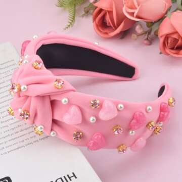 ABONDEVER Valentine's Day Headbands for Women Pink Candy Hearts Pearl Beaded Headband Pink Jeweled R...
