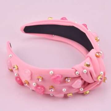 ABONDEVER Valentine's Day Headbands for Women Pink Candy Hearts Pearl Beaded Headband Pink Jeweled Rhinestone Crystal Top Knot Headband Valentines Accessories Gifts(Beaded Heart Pink)