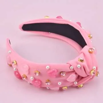 ABONDEVER Valentine's Day Headbands for Women Pink Candy Hearts Pearl Beaded Headband Pink Jeweled Rhinestone Crystal Top Knot Headband Valentines Accessories Gifts(Beaded Heart Pink)
