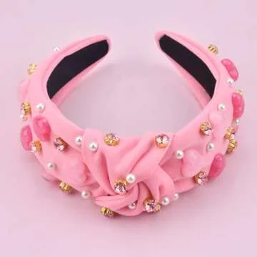 ABONDEVER Valentine's Day Headbands for Women Pink Candy Hearts Pearl Beaded Headband Pink Jeweled Rhinestone Crystal Top Knot Headband Valentines Accessories Gifts(Beaded Heart Pink)