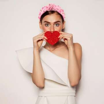 ABONDEVER Valentine's Day Headbands for Women Pink Candy Hearts Pearl Beaded Headband Pink Jeweled Rhinestone Crystal Top Knot Headband Valentines Accessories Gifts(Beaded Heart Pink)