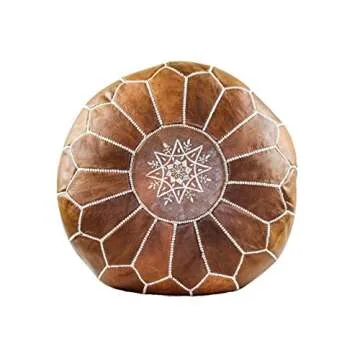 GRAN Handmade Leather Moroccan Pouf Footstool Ottoman | Brown Genuine Leather with Hand Embroidered White Stitching | Unstuffed