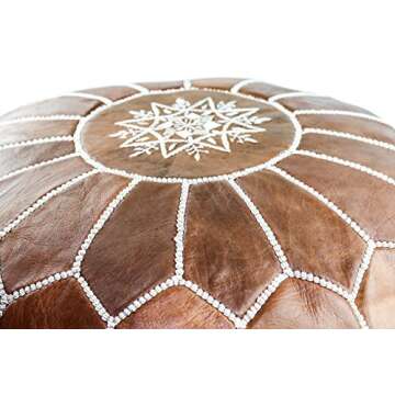 GRAN Handmade Leather Moroccan Pouf Footstool Ottoman | Brown Genuine Leather with Hand Embroidered White Stitching | Unstuffed
