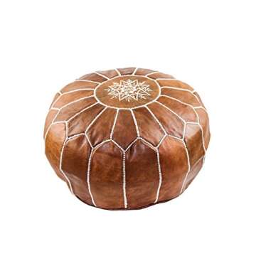 GRAN Handmade Leather Moroccan Pouf Footstool Ottoman | Brown Genuine Leather with Hand Embroidered White Stitching | Unstuffed