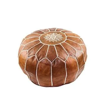 GRAN Handmade Leather Moroccan Pouf Footstool Ottoman | Brown Genuine Leather with Hand Embroidered White Stitching | Unstuffed