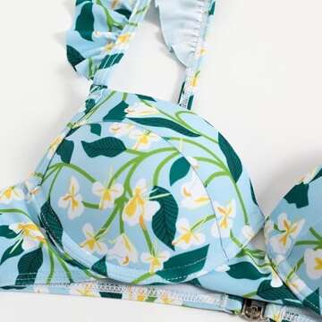 ABOCIW Bikini Sets for Women Two Piece Swimsuit Vintage Floral Print Spaghetti Strap Bikini High Waisted Bathing Suits with Swimsuit Coverup Beach Skirt 3 Piece Swimwear Green Flower Small