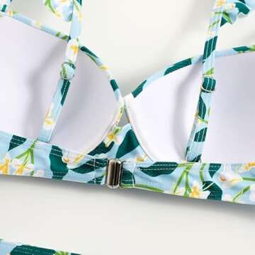 ABOCIW Bikini Sets for Women Two Piece Swimsuit Vintage Floral Print Spaghetti Strap Bikini High Waisted Bathing Suits with Swimsuit Coverup Beach Skirt 3 Piece Swimwear Green Flower Small