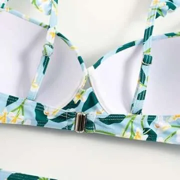 ABOCIW Bikini Sets for Women Two Piece Swimsuit Vintage Floral Print Spaghetti Strap Bikini High Waisted Bathing Suits with Swimsuit Coverup Beach Skirt 3 Piece Swimwear Green Flower Small