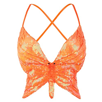 Modegal Women's Shimmer Sequin Butterfly Backless Embroidery Costumes Outfits Belly Dance Cami Crop ...