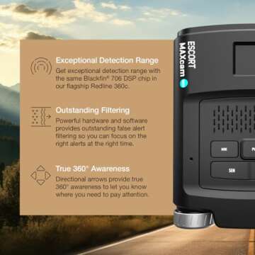 Escort MAXcam 360c Laser Radar Detector and Dash Camera - Great Range, 360° Protection, Shared Alerts, Incident Reports, Apple CarPlay and Android Auto Compatible, 16GB SD Card Included